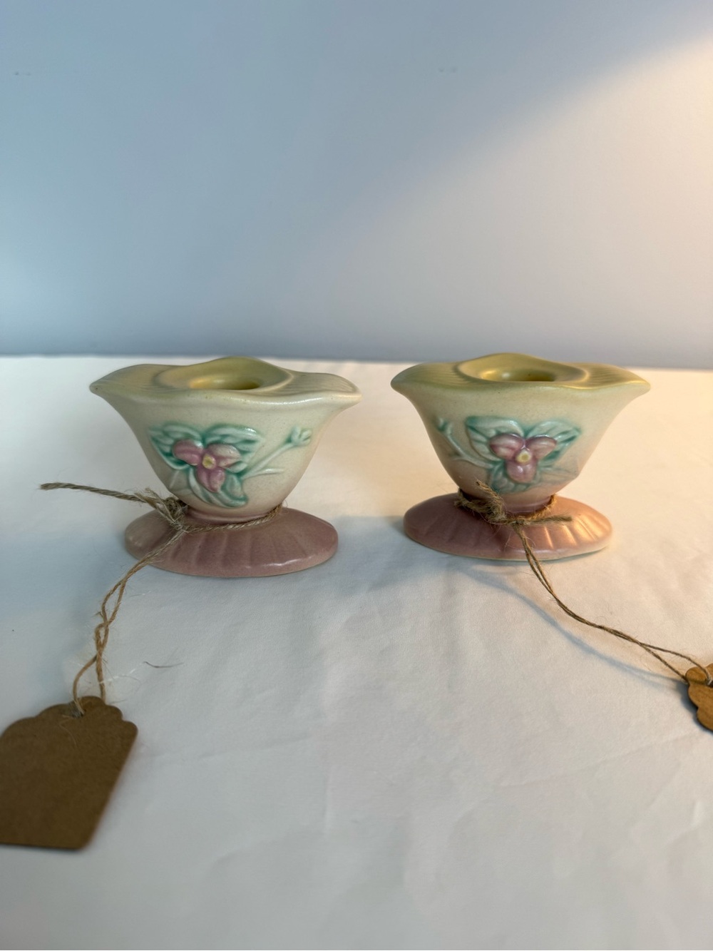 Vintage HULL Art Pottery Gloss Pink Sunglow Pattern Candle Holders